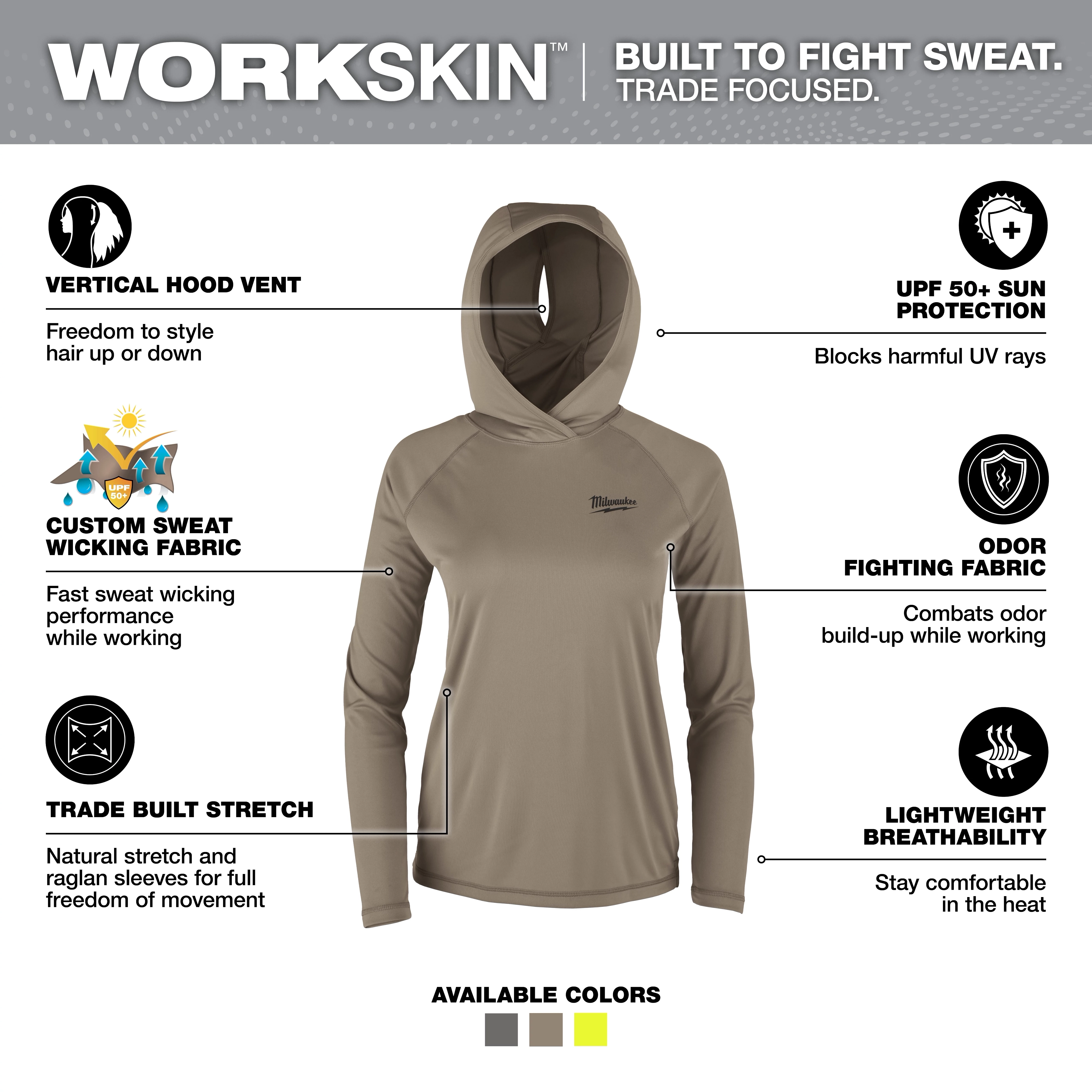 The Women's WORKSKIN Hooded Sun Shirt in Sandstone features custom sweat-wicking fabric, UPF 50+ sun protection, odor-fighting material, and lightweight breathability.