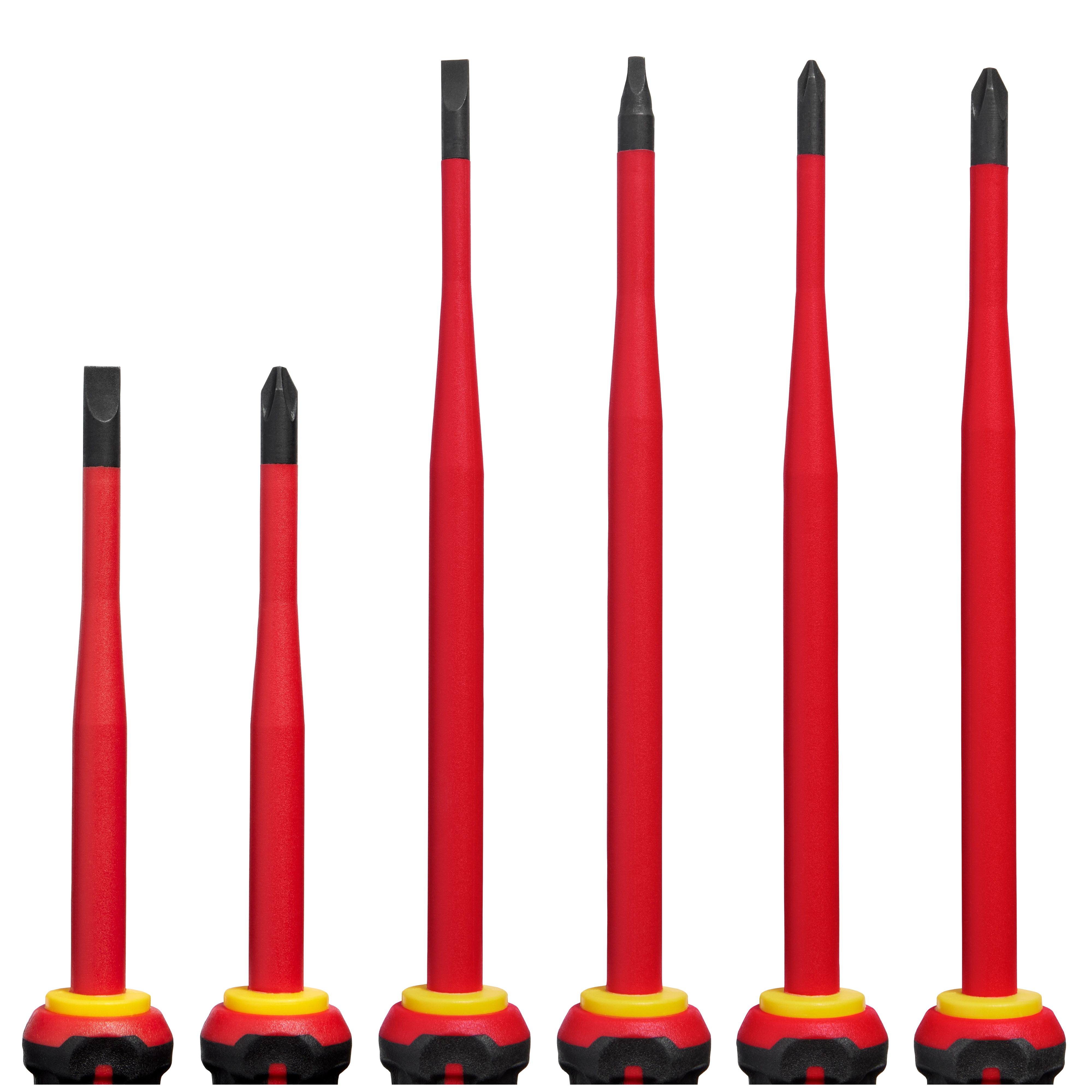 6-piece 1000V Insulated Slim Tip Screwdriver Set with red insulated shafts and black tips, displayed in a row facing up.