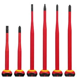 6-piece 1000V Insulated Slim Tip Screwdriver Set with red insulated shafts and black tips, displayed in a row facing up.