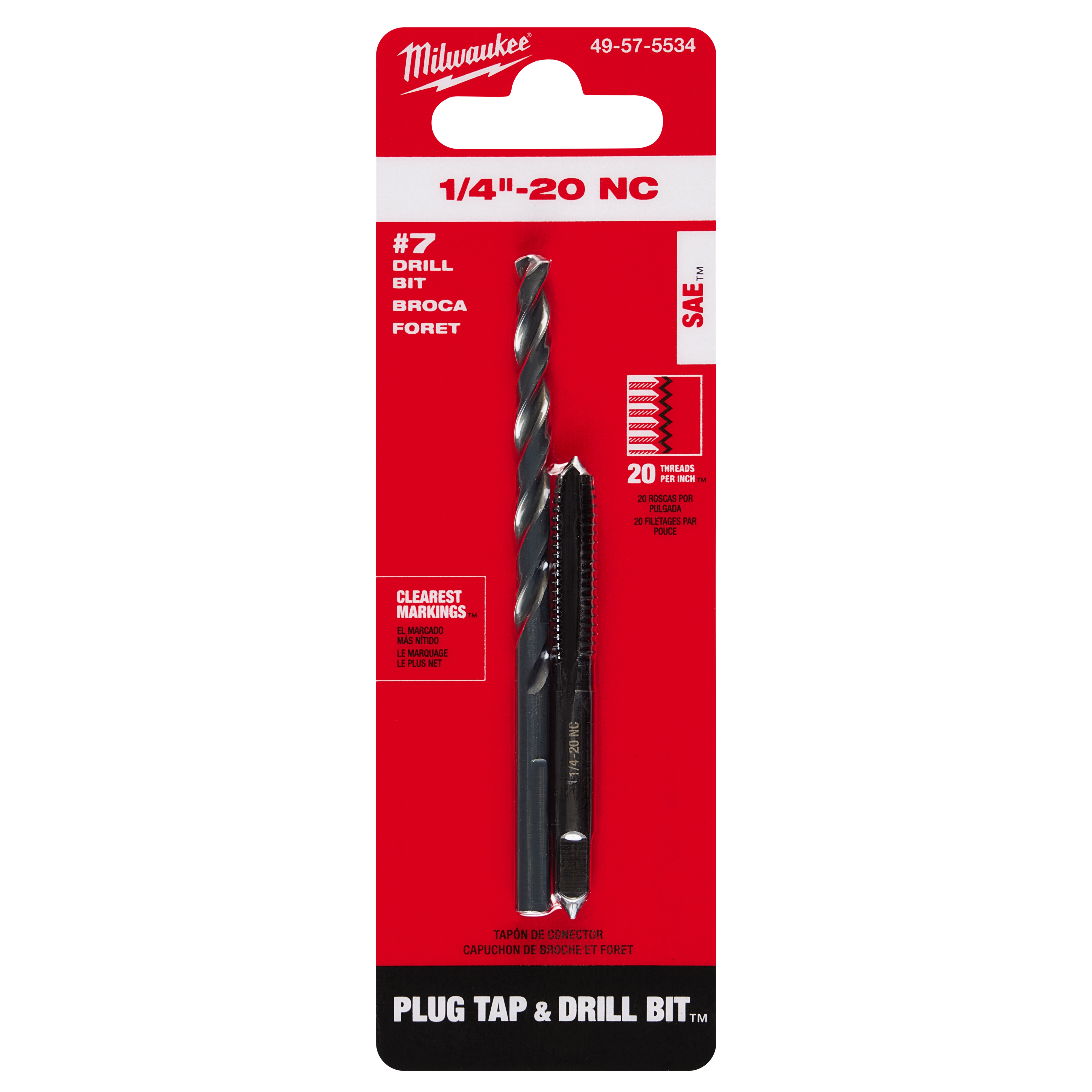 1/4"-20 Straight Flute Plug Tap & #7 Drill Bit in red packaging. Includes drill bit and plug tap, clear markings for precise drilling.