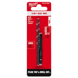 1/4"-20 Straight Flute Plug Tap & #7 Drill Bit in red packaging. Includes drill bit and plug tap, clear markings for precise drilling.