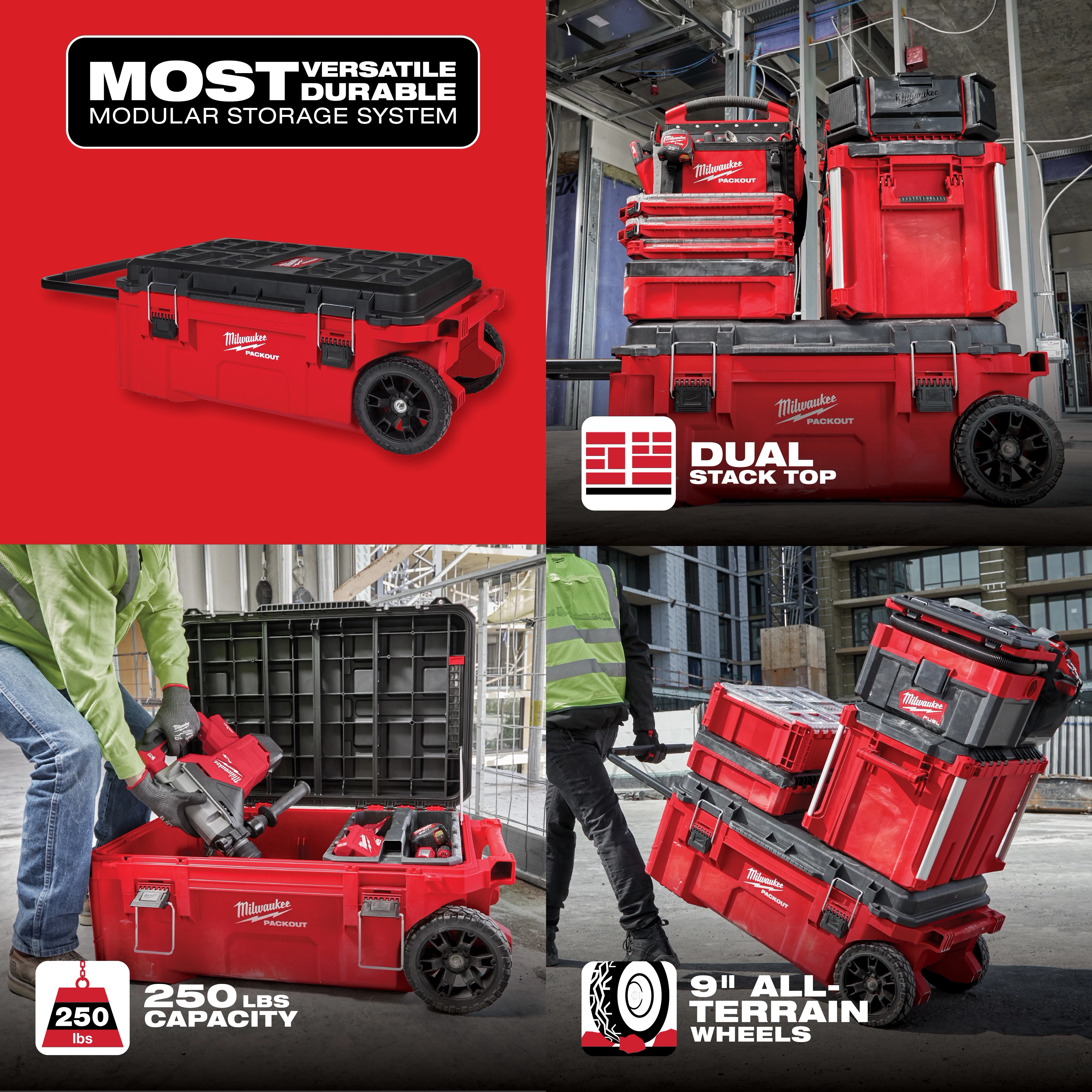 Milwaukee Packout storage system featuring red and black modular toolboxes with 250 lbs capacity, dual stack top, and 9-inch all-terrain wheels.