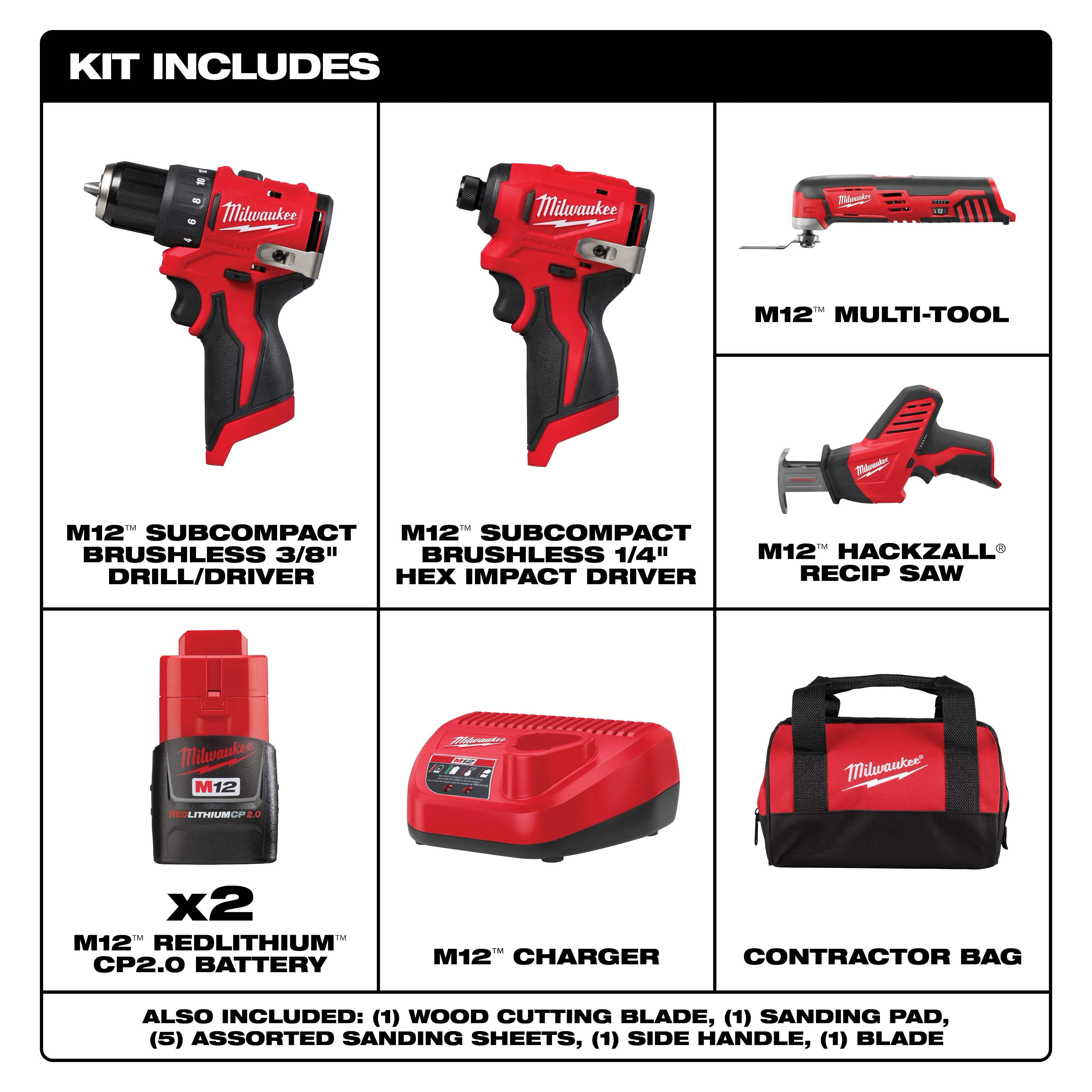 The M12™ 4-Tool Combo Kit includes a subcompact brushless 3/8" drill/driver, 1/4" hex impact driver, multi-tool, Hackzall® recip saw, two M12™ REDLITHIUM™ CP2.0 batteries, M12™ charger, and contractor bag. Additional accessories include blades, sanding pad, sanding sheets, and a side handle.