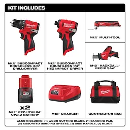The M12™ 4-Tool Combo Kit includes a subcompact brushless 3/8" drill/driver, 1/4" hex impact driver, multi-tool, Hackzall® recip saw, two M12™ REDLITHIUM™ CP2.0 batteries, M12™ charger, and contractor bag. Additional accessories include blades, sanding pad, sanding sheets, and a side handle.