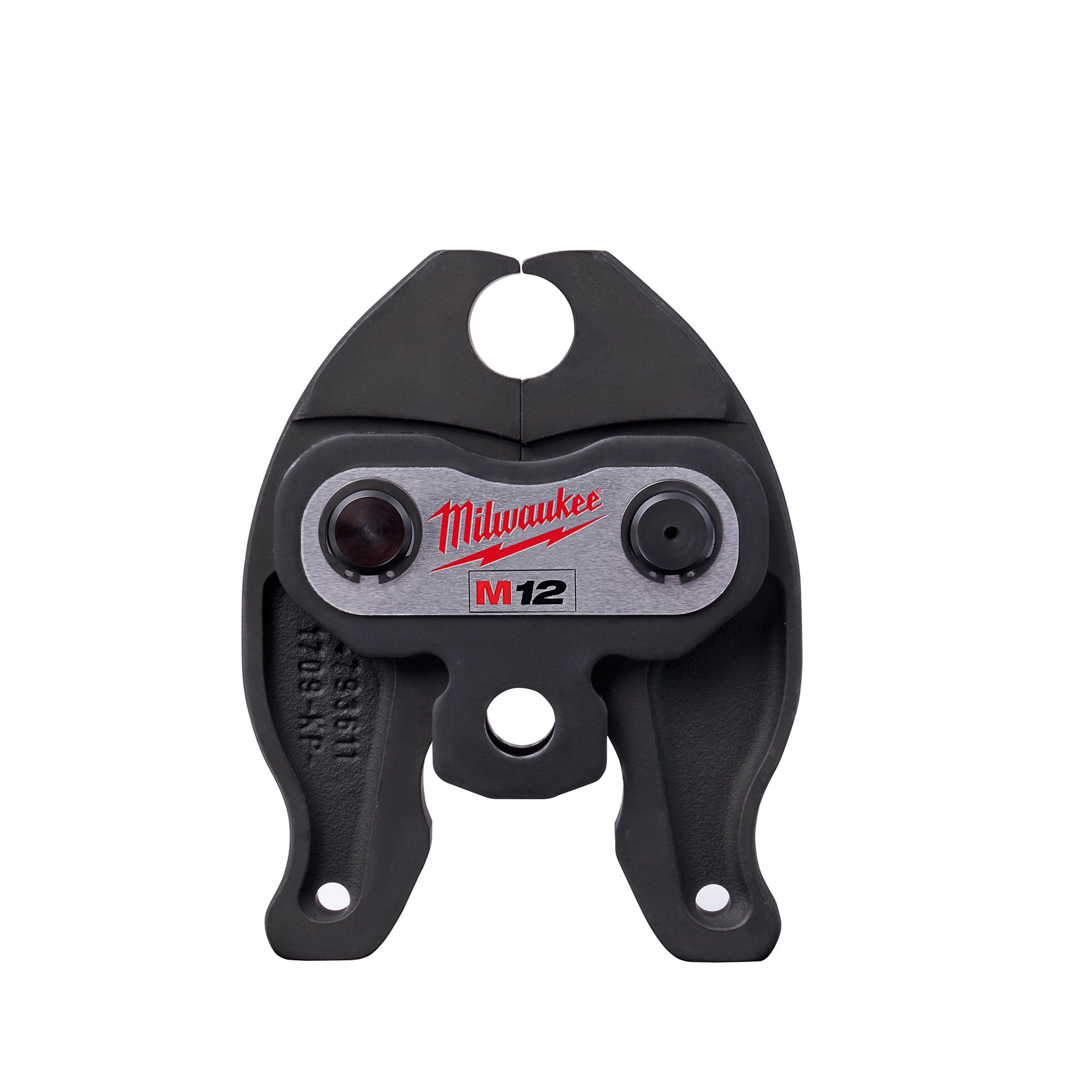 Milwaukee M12 3/4" BIP Jaw with black and metallic components. The jaw features the red Milwaukee logo and two adjustment knobs.