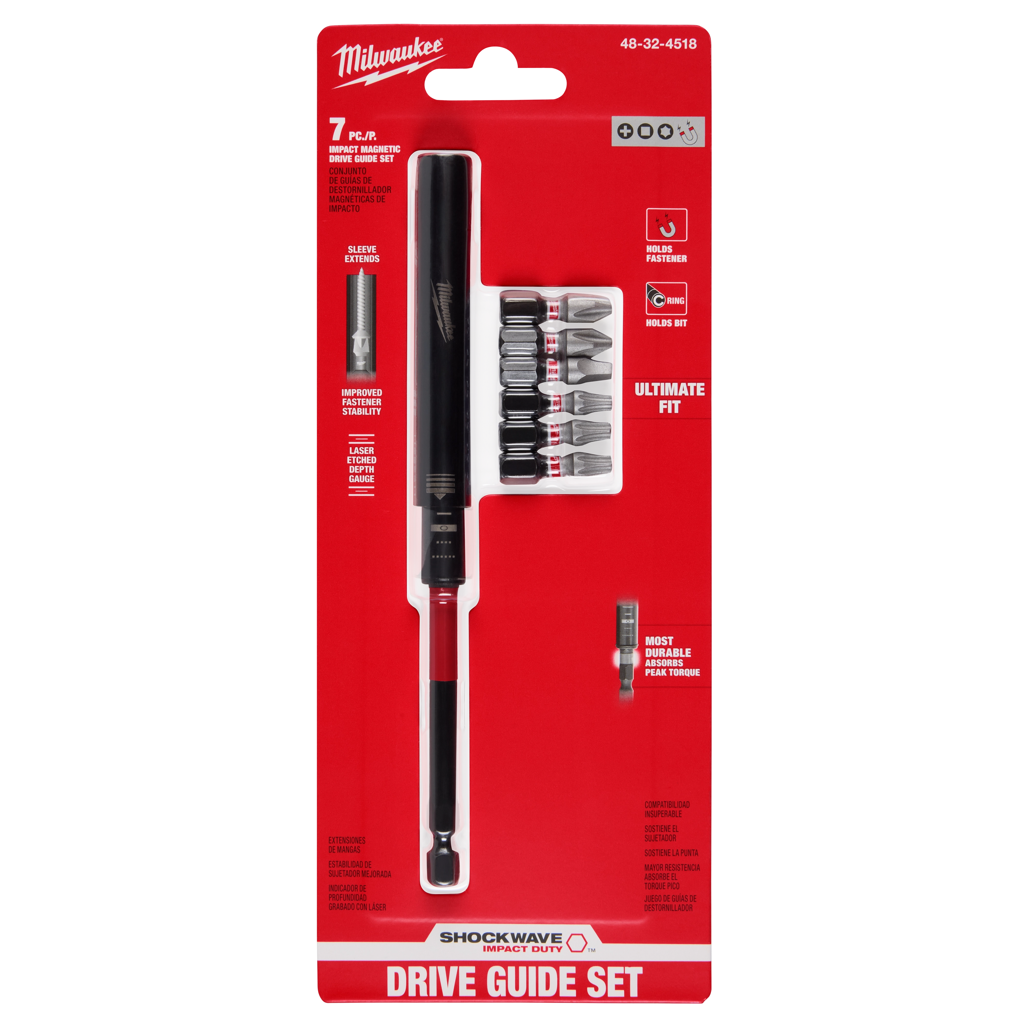 This image shows the SHOCKWAVE™ Impact Duty Magnetic Drive Guide Set - 7PC by Milwaukee. The set includes a magnetic drive guide and six screwdriver bits, all packaged in a red and white blister pack with detailed feature descriptions on the front.