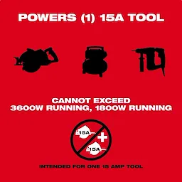 M18 CARRY-ON Power Supply powers one 15A tool. Cannot exceed 3600W running or 1800W running. Intended for one 15A tool.