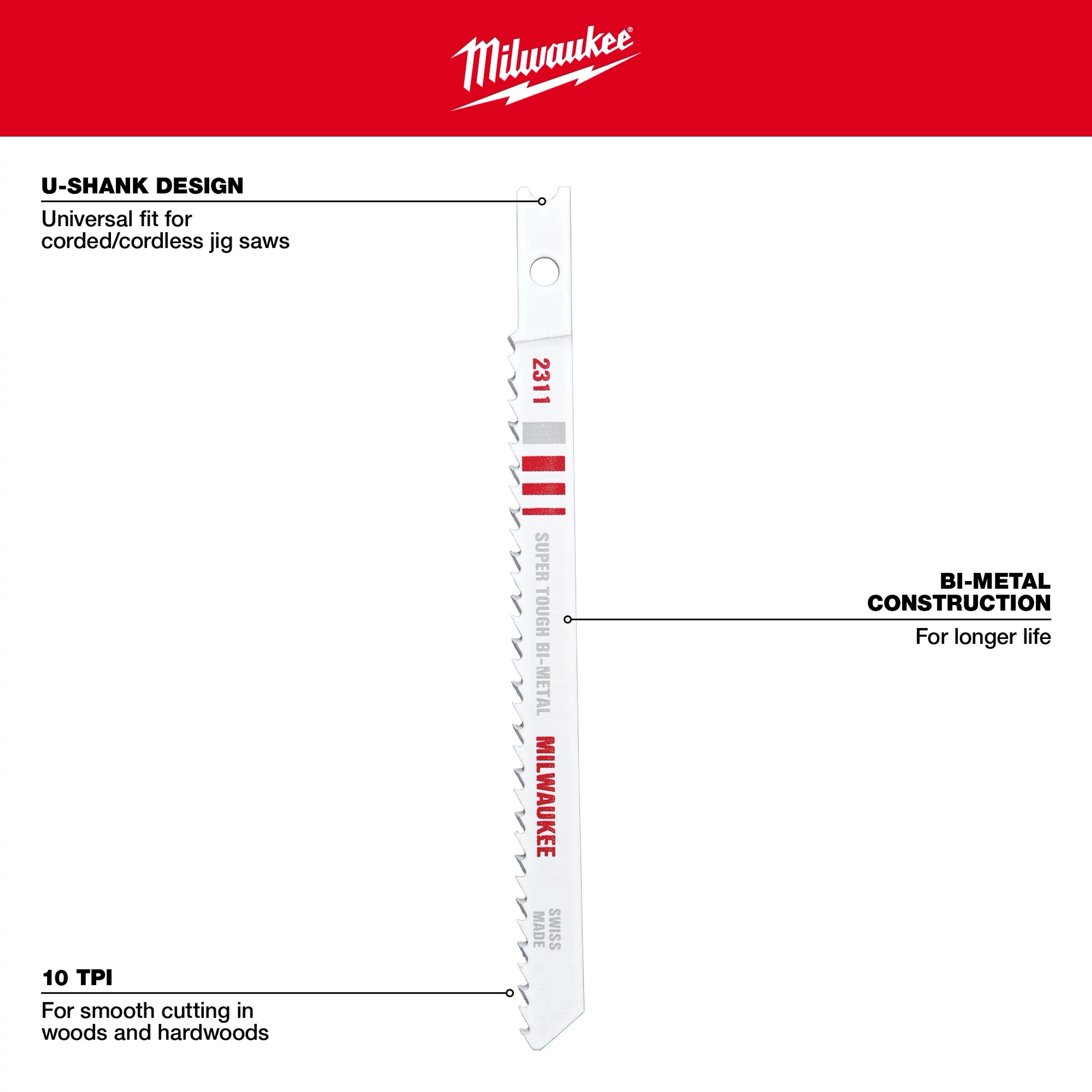 4" 10TPI U-Shank Wood Bi-Metal Jig Saw Blade 5PK features a universal U-shank design, bi-metal construction, and 10 TPI for smooth cutting in wood.