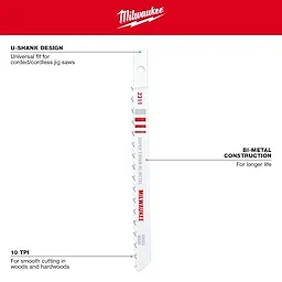 4" 10TPI U-Shank Wood Bi-Metal Jig Saw Blade 5PK features a universal U-shank design, bi-metal construction, and 10 TPI for smooth cutting in wood.