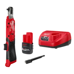 M12 FUEL™ 1/4" Ratchet Kit includes a red and black cordless ratchet, a rechargeable battery, a charger, and a small tool. The ratchet features speed control buttons and the brand name is visible on all components.