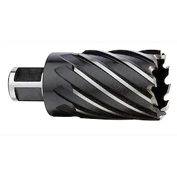 1 1/2" Annular Cutter, featuring a cylindrical design with helical cutting edges and an open center, designed for precision drilling.