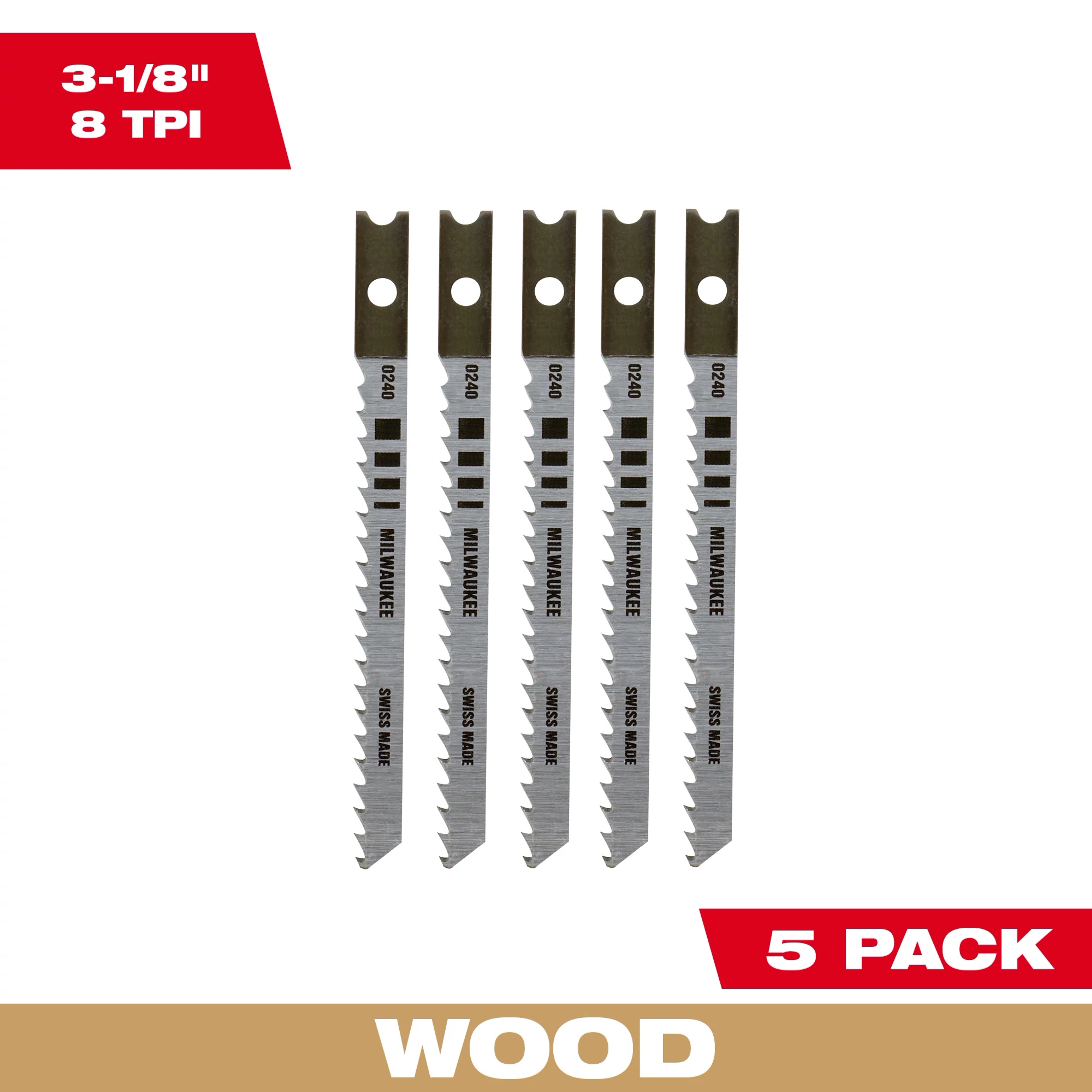 Five 3-1/8" 8TPI U-Shank Wood High Carbon Steel Jig Saw Blades are displayed vertically. The packaging highlights "5 Pack" and "Wood."