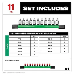 11pc 1/4" Drive Low-Profile TORX Bit Socket Set. Includes sizes T8, T10, T15, T20, T25, T27, T30, T40, T45, T47, and T50.
