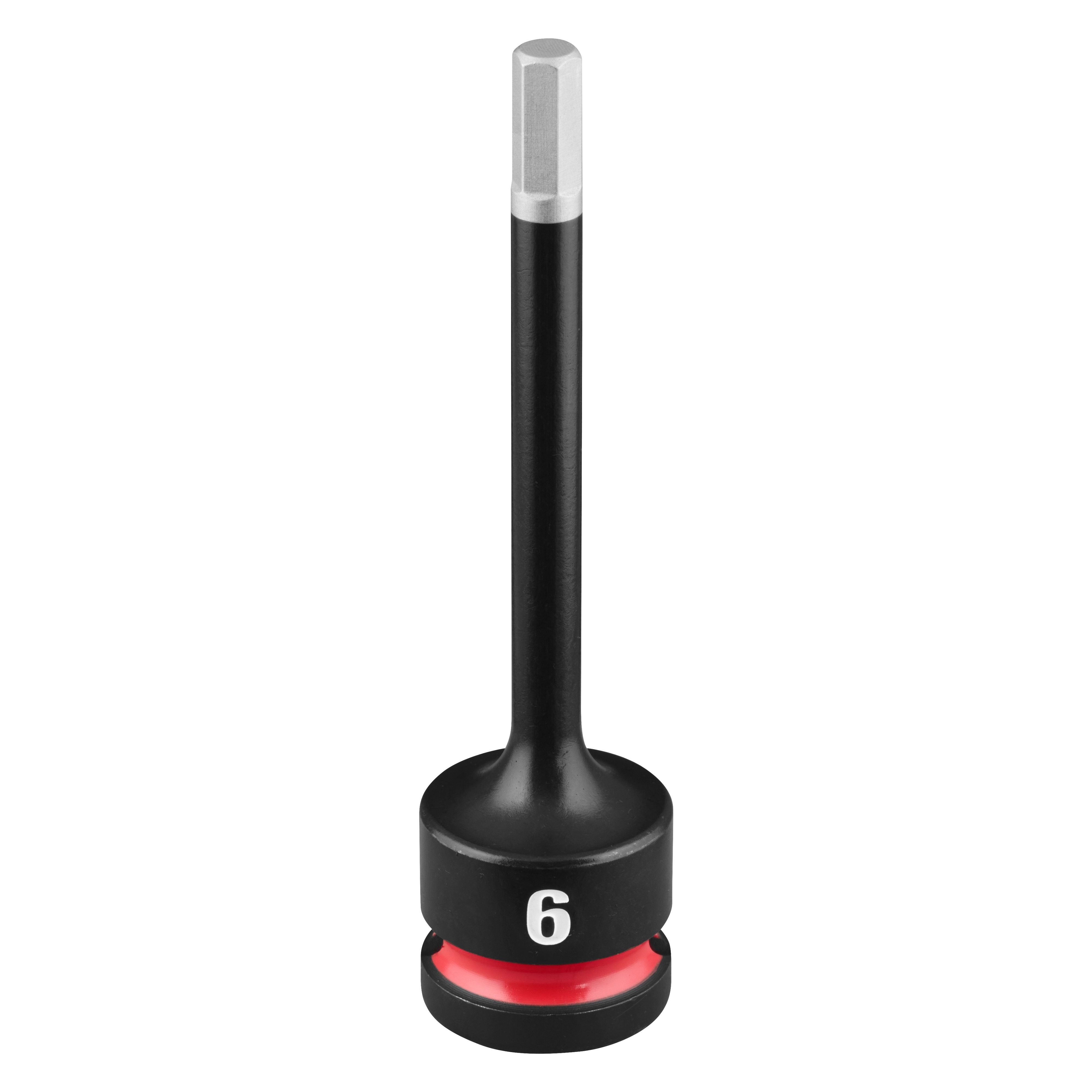 SHOCKWAVE Impact Duty 1/2" Drive 4" Hex 6mm Bit Socket standing upright with a 6 marking and red band near the base.