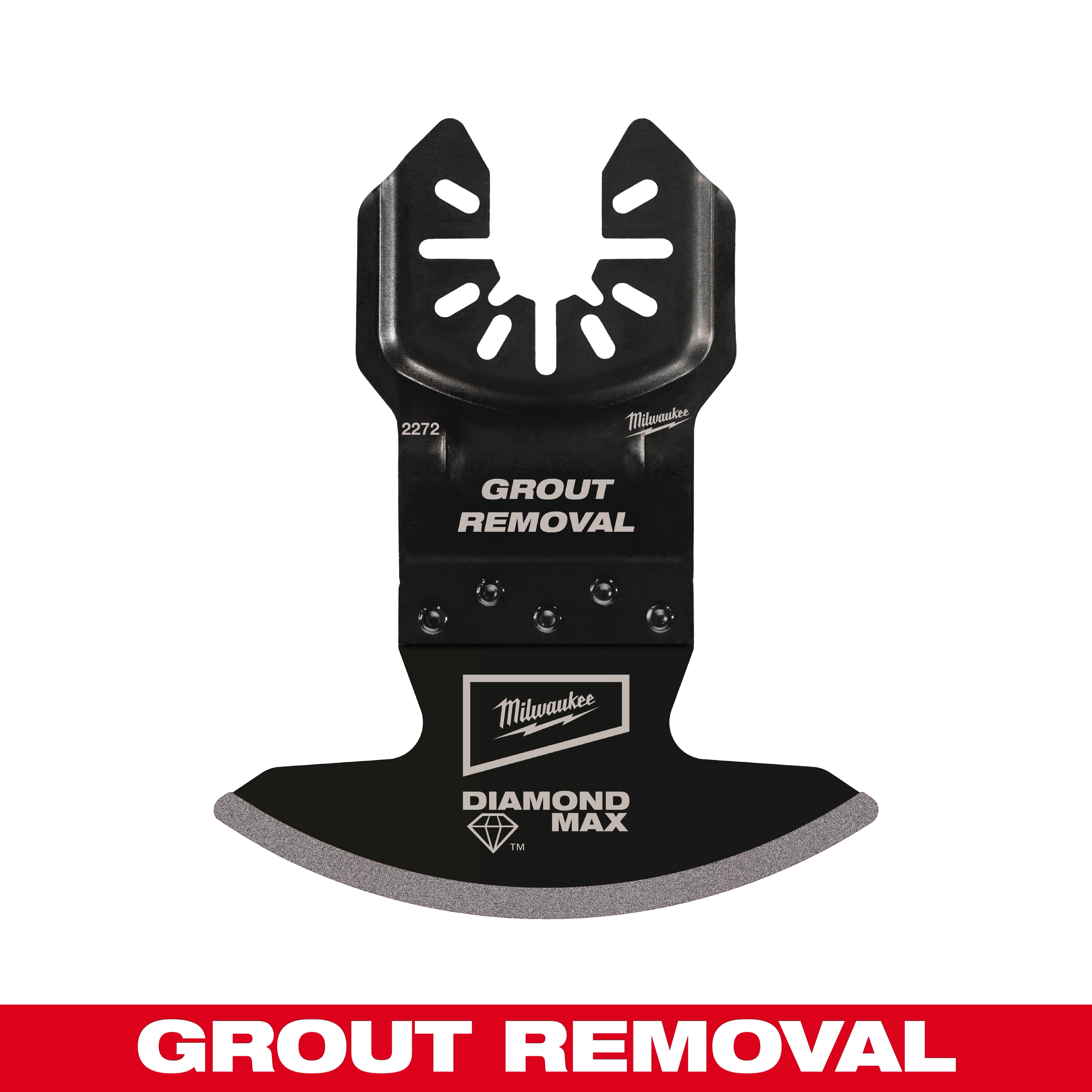 MILWAUKEE OPEN-LOK DIAMOND MAX Diamond Grit Grout Removal Multi-Tool Blade. Black blade with silver grit edge, branded text.