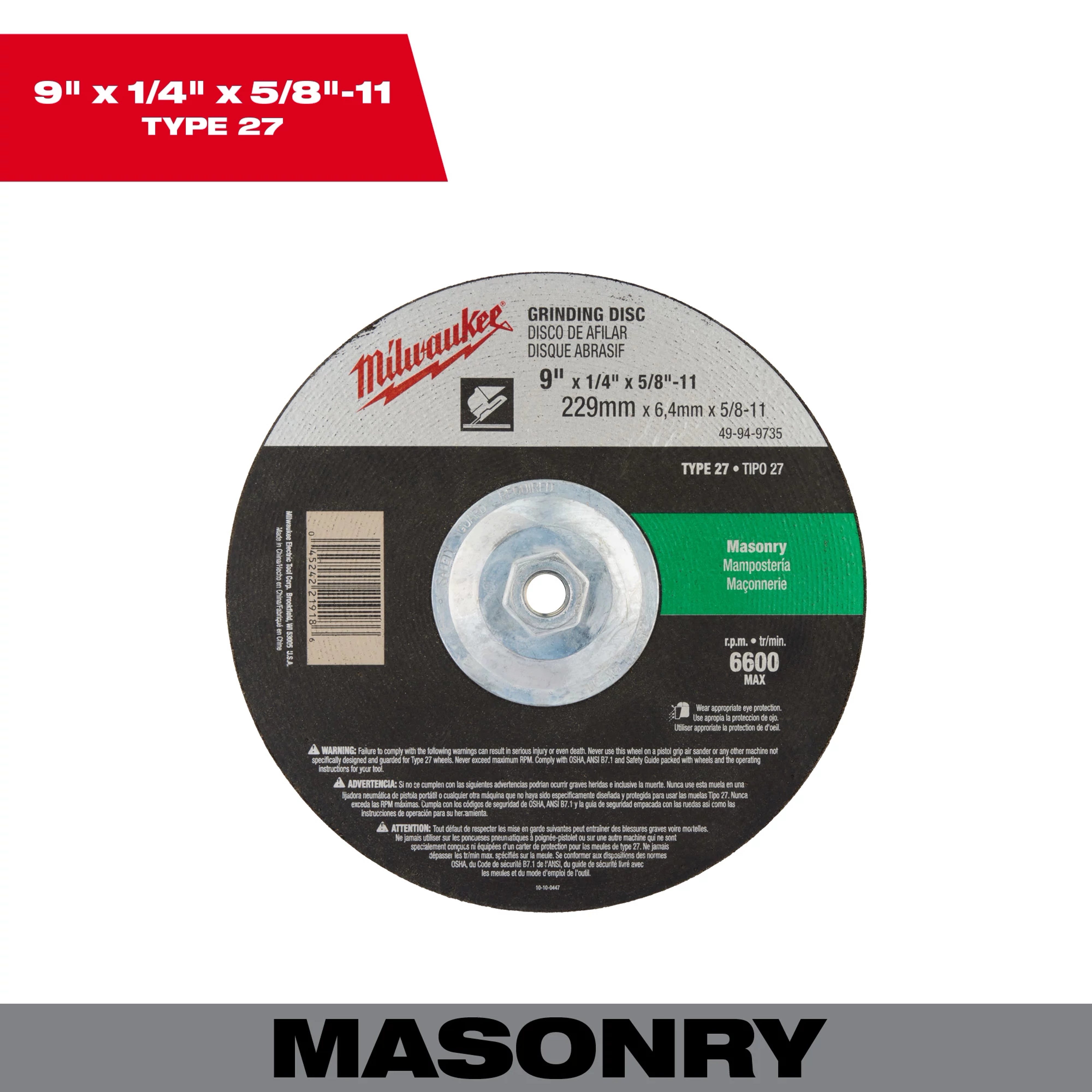 Milwaukee 9" x 1/4" x 5/8"-11 Type 27 Grinding Wheel designed for masonry applications, with a maximum RPM of 6,600.