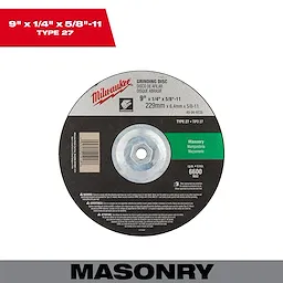 Milwaukee 9" x 1/4" x 5/8"-11 Type 27 Grinding Wheel designed for masonry applications, with a maximum RPM of 6,600.