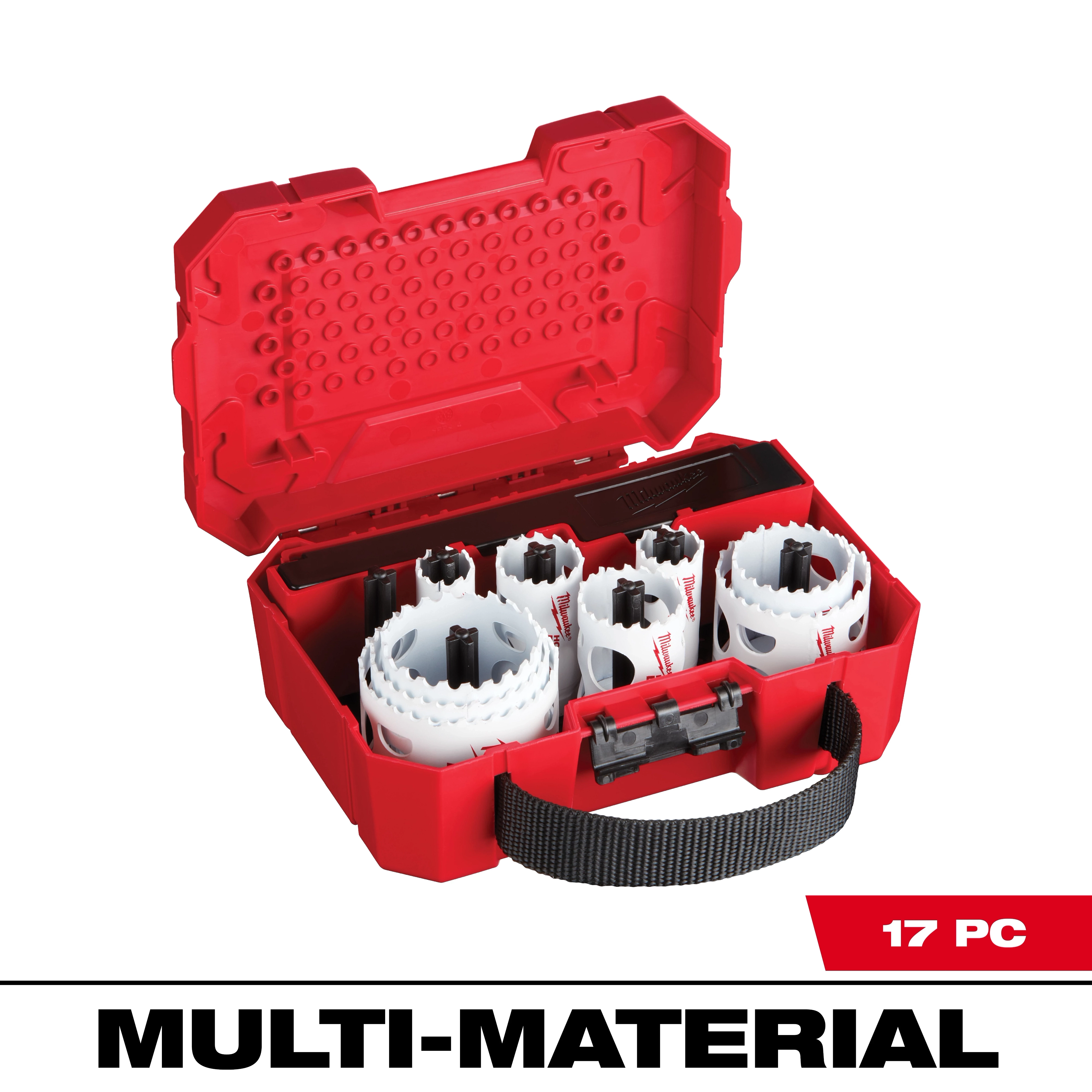 HOLE DOZER Bi-Metal Hole Saw Kit - 17PC includes various sizes of hole saws in a red carrying case with a black handle.