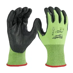High Visibility Cut Level 5 Polyurethane Dipped Glove - M shown with a black palm coating and bright green back, marked as size medium.