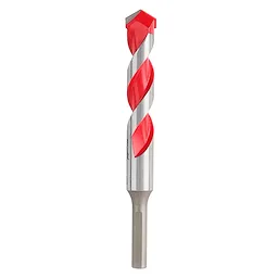 Shockwave Carbide Hammer Drill Bit, 3/4" size, features a silver body with red spiral cutters and a hexagonal shank for stability.