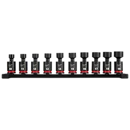 The 10PC SHOCKWAVE Impact Duty 3/8" Drive 6 Point Metric Standard Swivel Socket Set features ten swivel sockets with red bands, organized on a rail. The sockets are labeled with numbers from 10 to 19, representing their sizes.