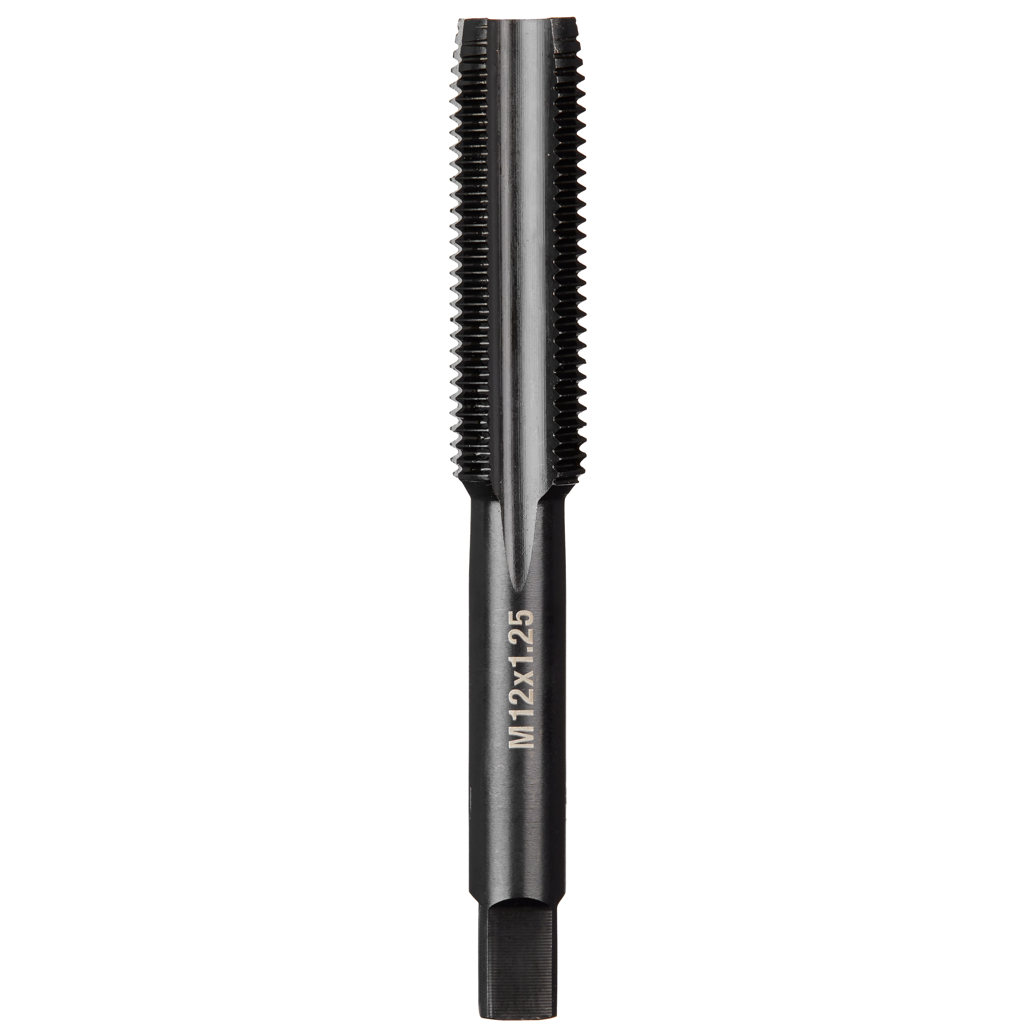 M12-1.25 20mm Straight Flute Plug Tap with a threaded cutting edge and hexagonal shank for threading applications.