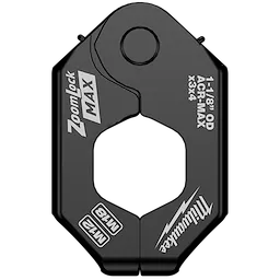 1-1/8" ZoomLock MAX® & MaxiPro® Pivoting Press Ring is a black hexagonal tool attachment designed for precise fitting. It features branded markings, including ZoomLock MAX® and compatibility indicators for M12 and M18 systems, emphasized in white text on the surface.