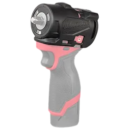The image shows the Milwaukee M12 FUEL™ 1/4" & 3/8" Subcompact Impact Wrench with Friction Ring Protective Boot. The tool features a black and pink design, with a textured gray handle for grip. The front includes a small metal friction ring and a protective boot on the wrench head.