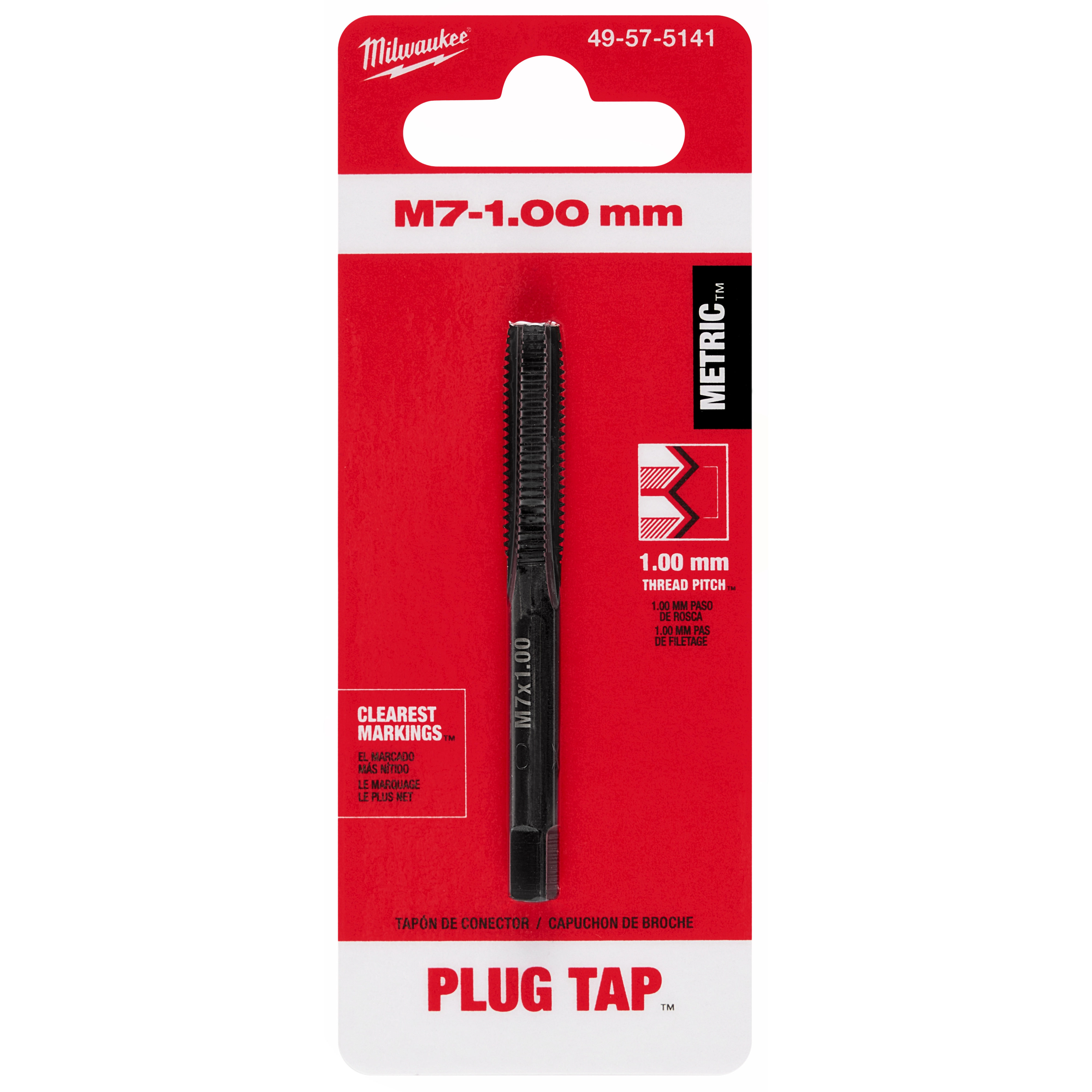 M7-1.00mm Straight Flute Plug Tap in black, displayed in a red and white packaging, with clear markings and a 1.00mm thread pitch.