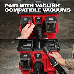 The VACLINK™ Wireless Dust Control Remote is shown being paired with a compatible vacuum cleaner. Two images display hands holding the remote near a red vacuum unit equipped with two battery packs and a hose. The text reads, "Pair with VACLINK™ compatible vacuums."