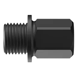 Close-up image of a black, metal adapter with a threaded end, labeled as 5PK Small Adapters for QUIK-LOK™ Arbor. The adapter is hexagonal-shaped for easy grip.