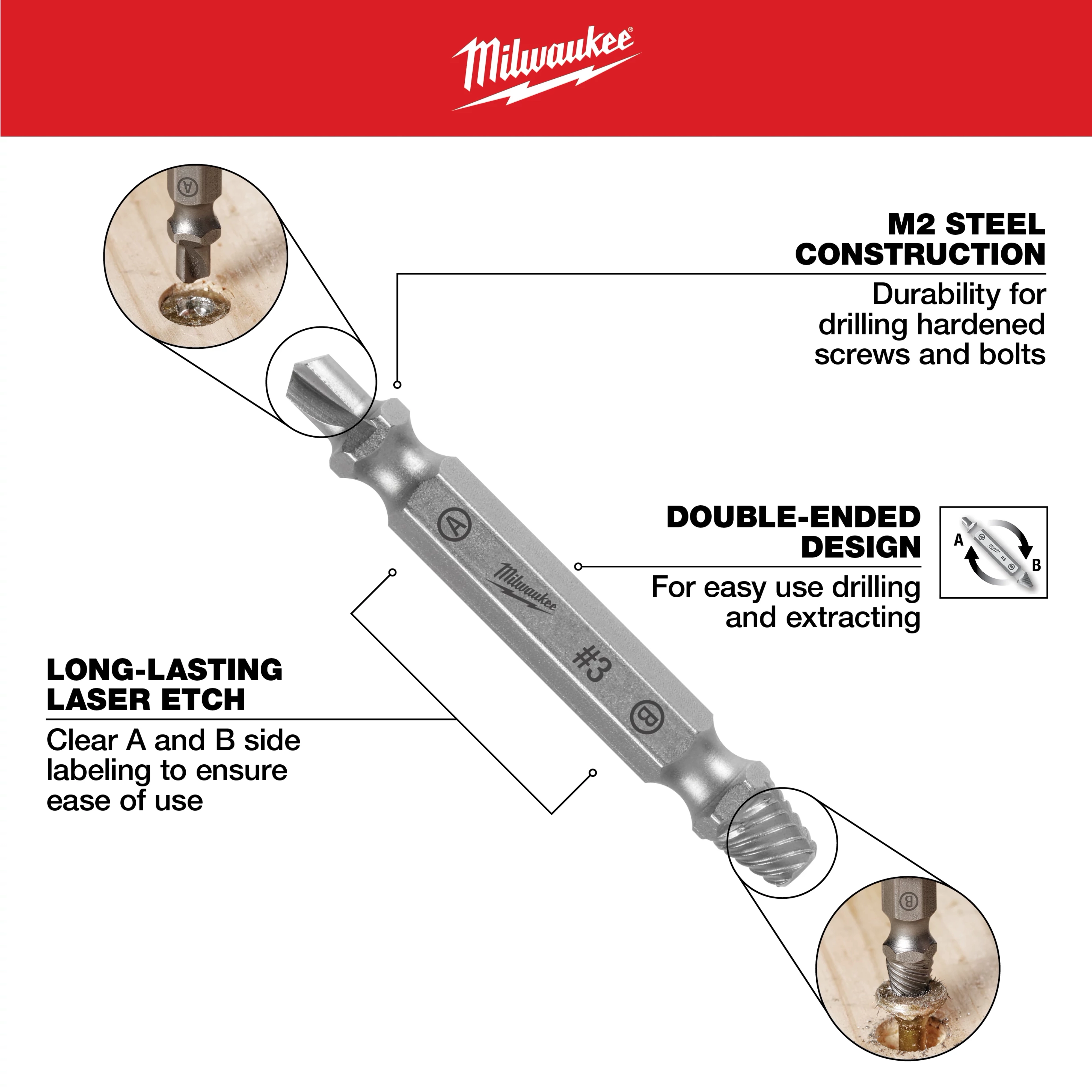 The M2 Steel Screw Extractor Set 4PC features durable M2 steel construction for drilling hardened screws and bolts. It has a double-ended design for easy drilling and extracting, and long-lasting laser etching with clear A and B side labeling for ease of use.