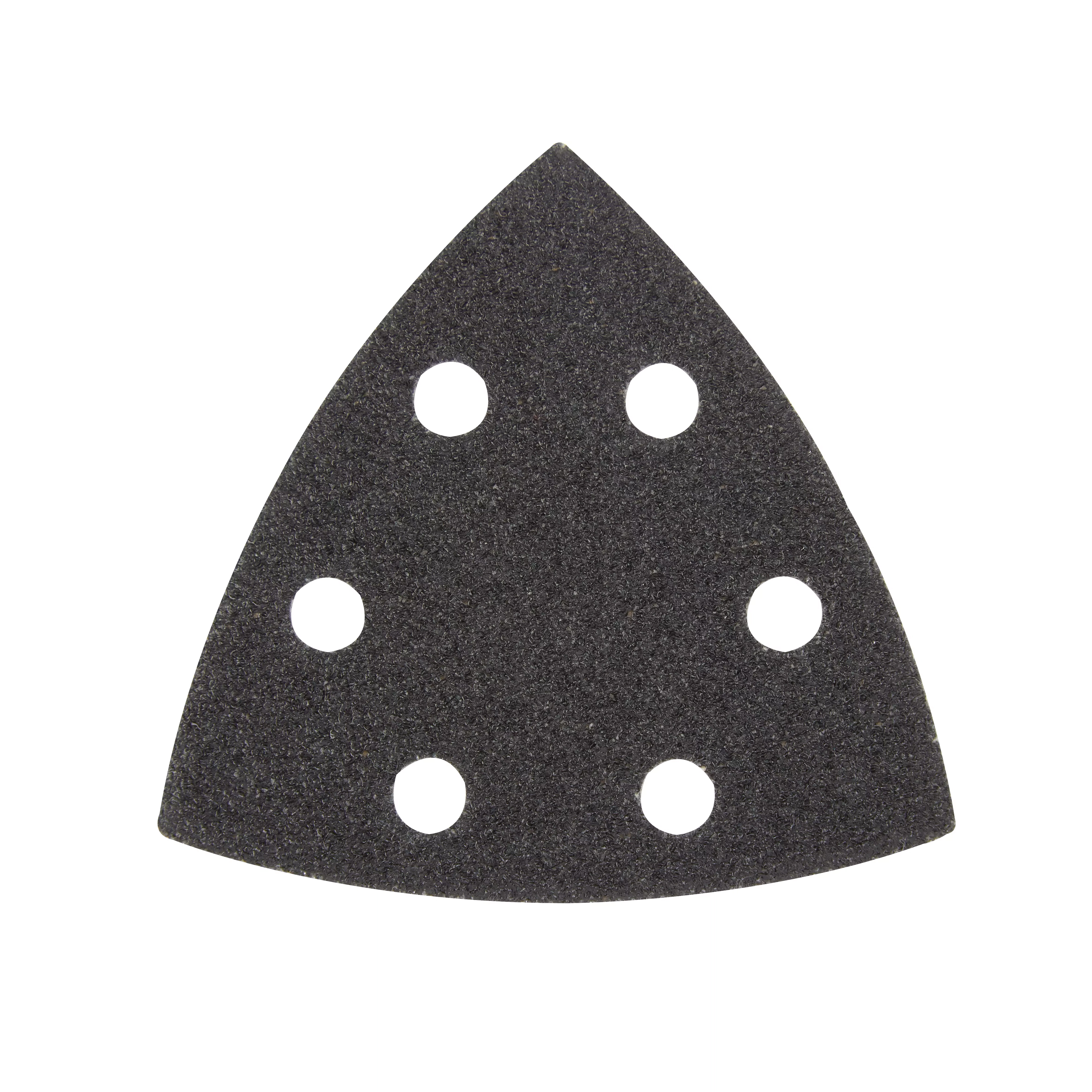 Milwaukee OMT Blades, 80 Grit Sandpaper (6 pack) featuring a triangular shape with six circular holes for dust extraction.