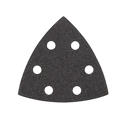 Milwaukee OMT Blades, 80 Grit Sandpaper (6 pack) featuring a triangular shape with six circular holes for dust extraction.