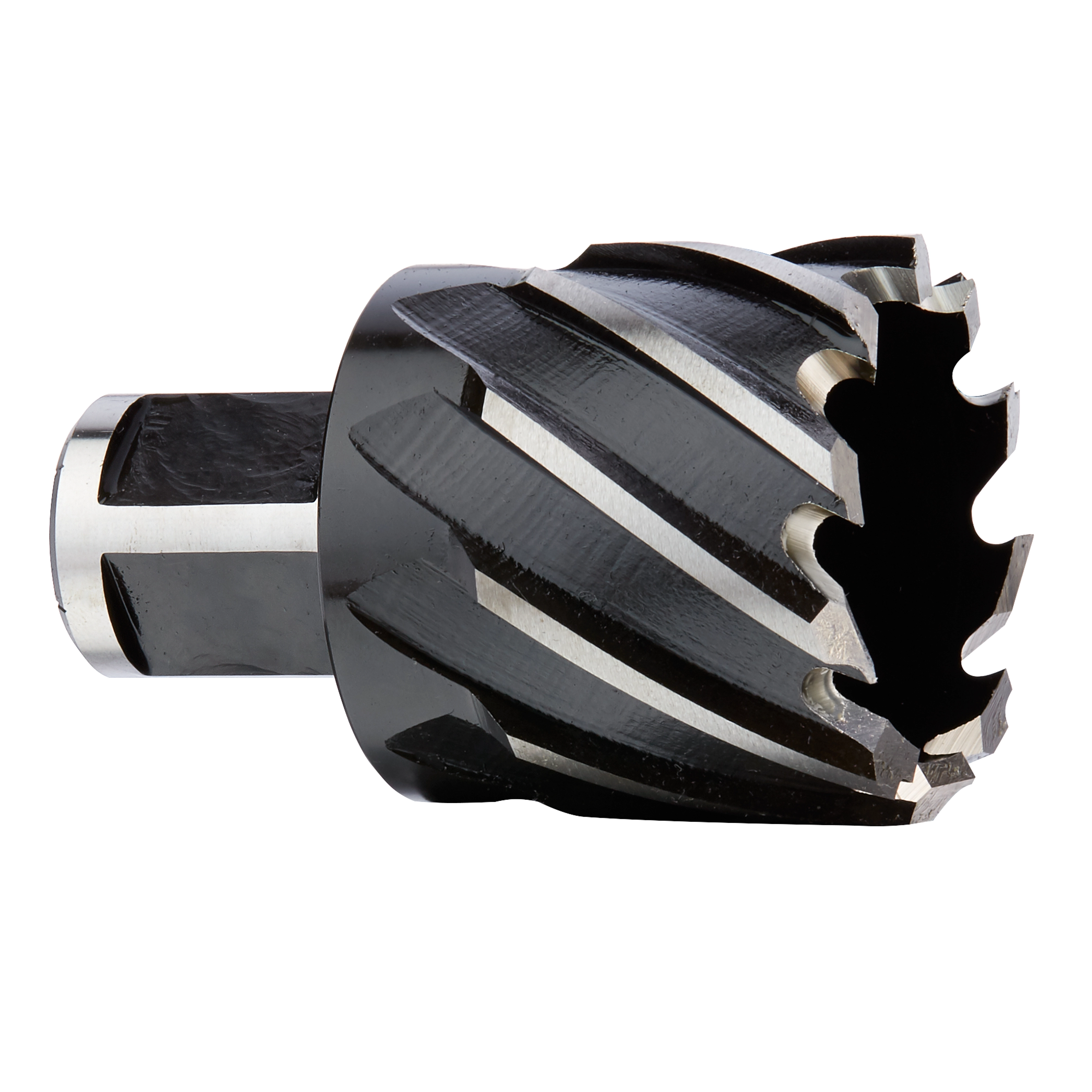 1-1/2" Annular Cutter in black and silver with sharp, helical cutting edges designed for drilling through tough materials.