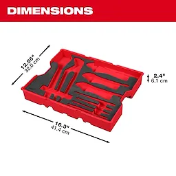 Bare Tray for 9pc. Pliers & Wrench Set for PACKOUT Drawers is shown. Red tray measures 12.56 inches by 16.3 inches by 2.4 inches. The tray has custom slots for pliers and wrenches within a gray foam insert for organized tool storage.