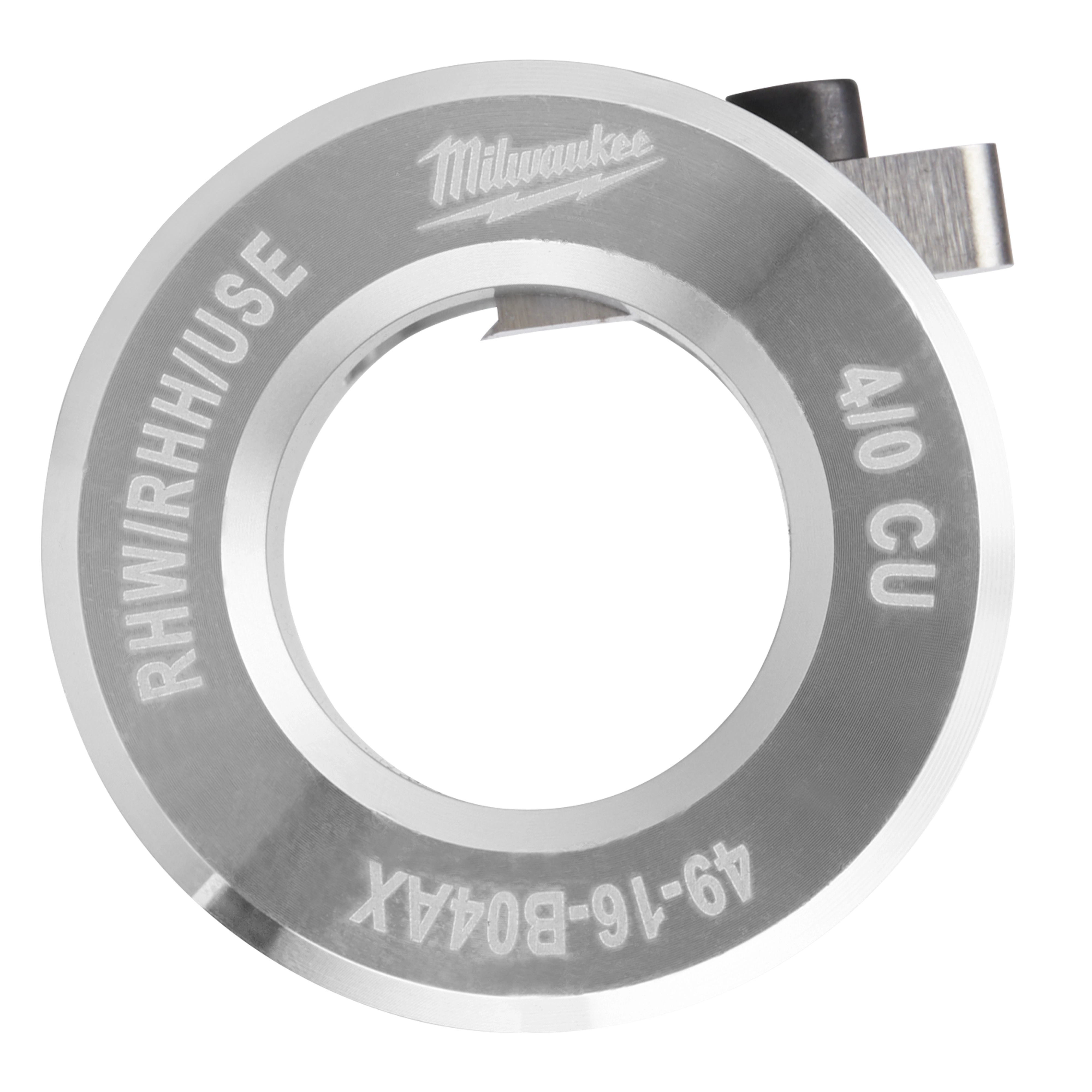 Milwaukee 49-16-8041AX 410 CU cutter in a circular shape with a sharp inner blade, engraved with branding and model details.
