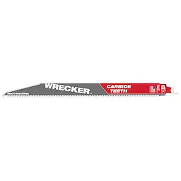 The image is of a 6 TPI 12" WRECKER™ Sawzall Blade with Carbide Teeth 1PK, designed for cutting through various materials. The blade has a gray body with a red section near the base featuring "Carbide Teeth" text.