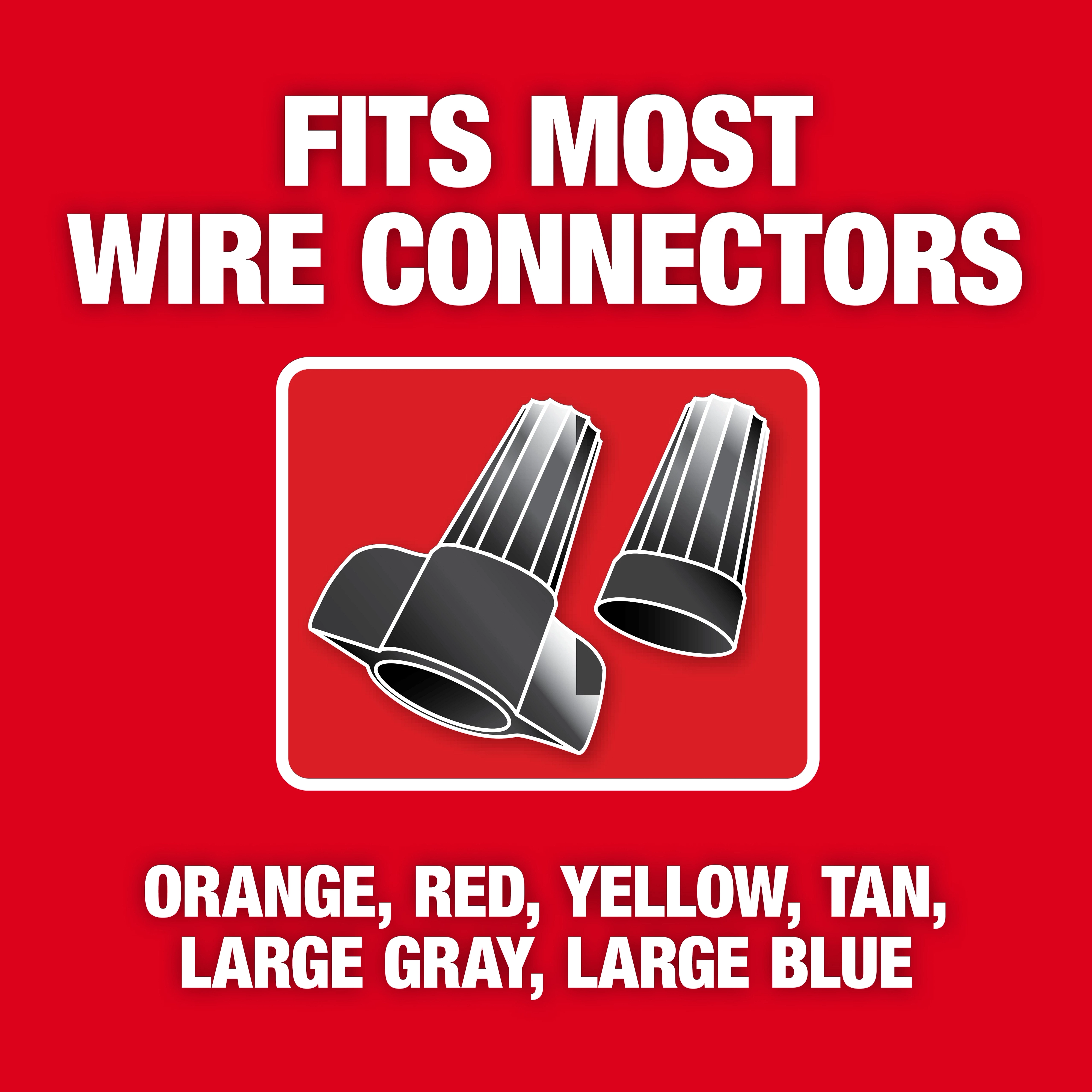 Wire Nut Twister fits most wire nuts, including orange, red, yellow, tan, large gray, and large blue types. The image shows two black wire nuts on a red background with text highlighting compatibility.