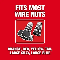 Wire Nut Twister fits most wire nuts, including orange, red, yellow, tan, large gray, and large blue types. The image shows two black wire nuts on a red background with text highlighting compatibility.
