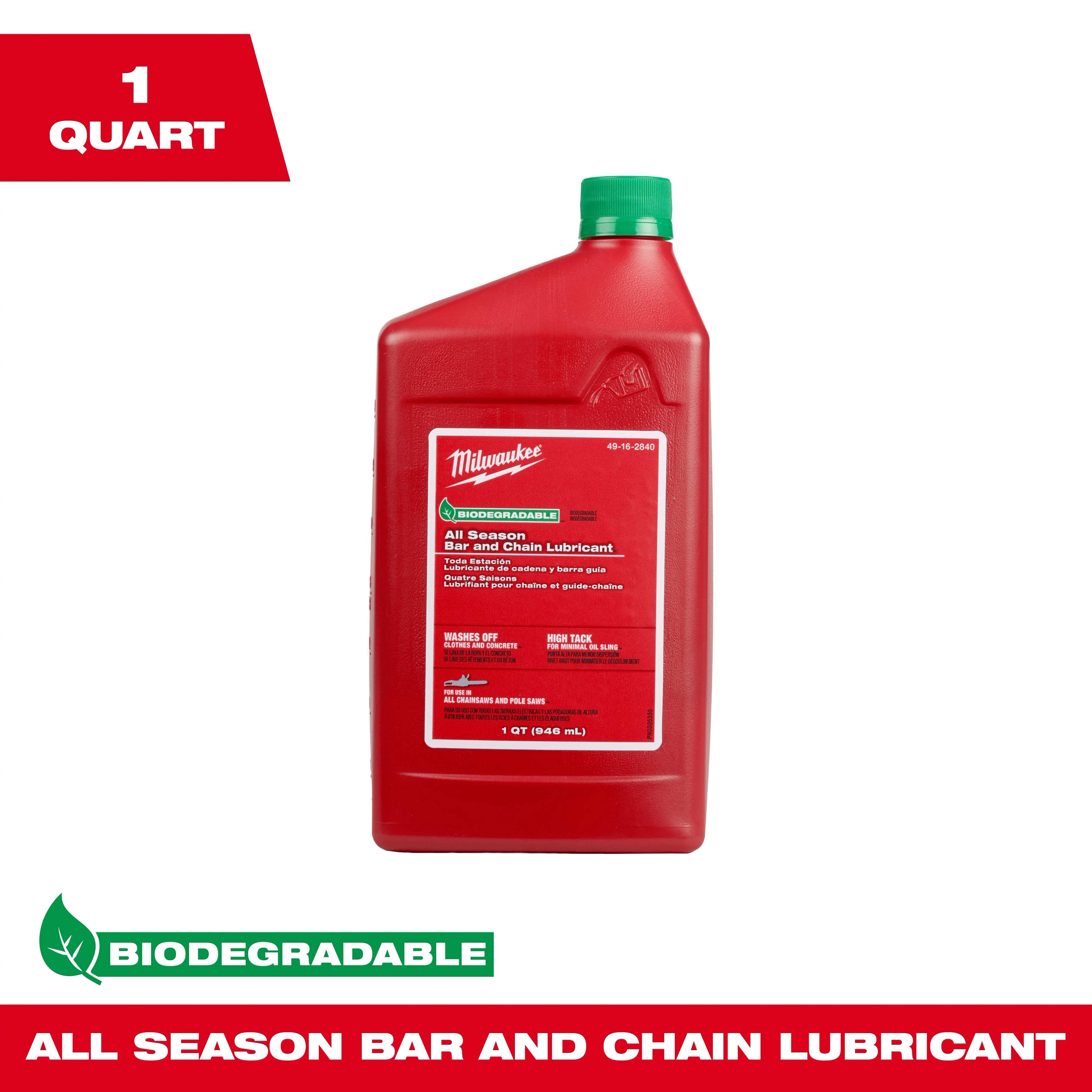 Milwaukee's 1 Quart Biodegradable All Season Bar and Chain Lubricant is a red plastic container with a green cap designed for chainsaw maintenance. It features biodegradable properties and all-season usability, providing lubrication for bar and chain systems. It is advertised with clear labeling emphasizing its environmental benefits and performance.