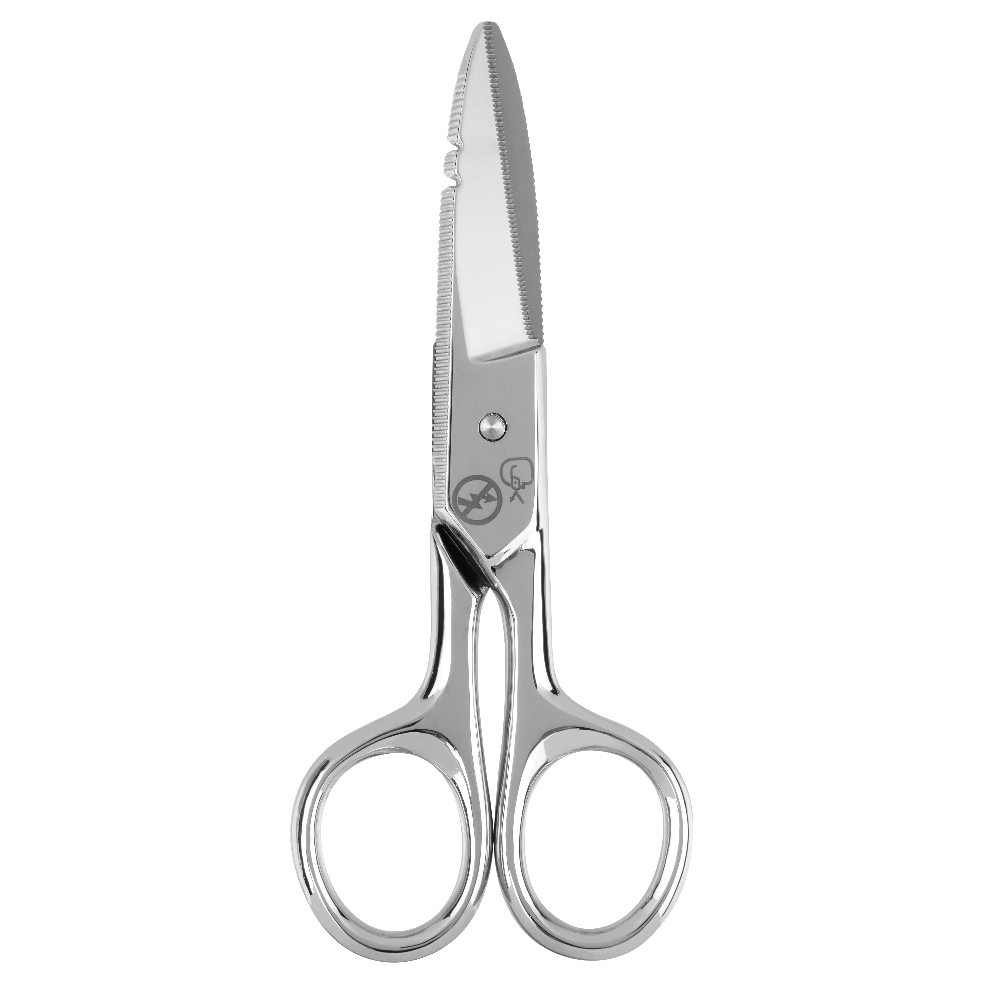 Electrician Scissors with a stainless steel body, serrated blade, and two large finger loops. Designed for precision cutting tasks.
