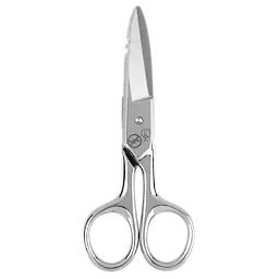 Electrician Scissors with a stainless steel body, serrated blade, and two large finger loops. Designed for precision cutting tasks.