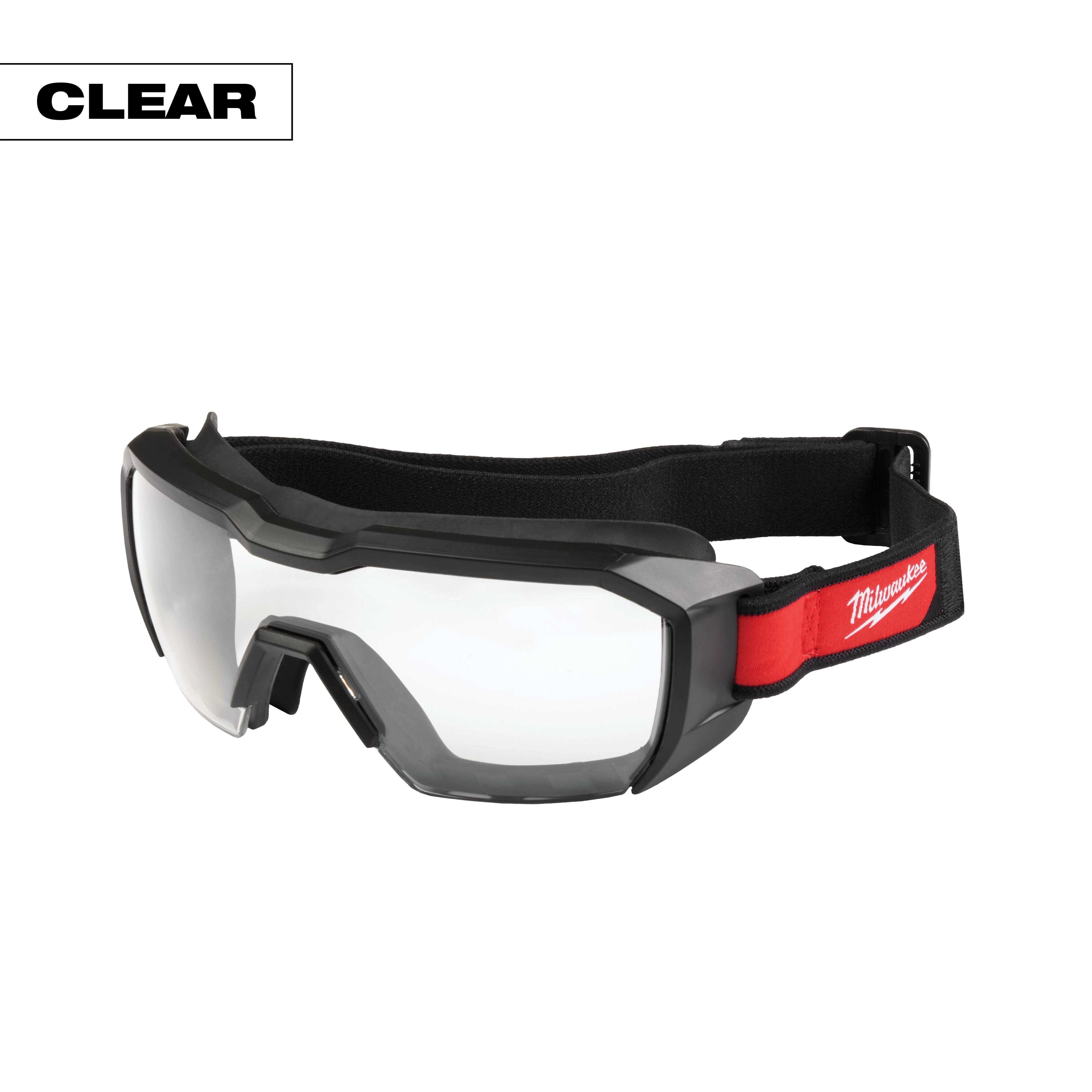 Vented Low-Profile Goggles with Clear Dual Coat Lens, featuring a black frame and a red adjustable strap with white lettering.