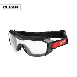Vented Low-Profile Goggles with Clear Dual Coat Lens, featuring a black frame and a red adjustable strap with white lettering.