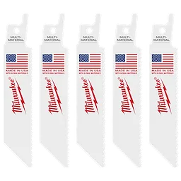 The image displays five 4" 10 TPI SAWZALL® multi-material blades positioned vertically. Each blade features the Milwaukee logo, an American flag, and the text "Made in USA with global materials" printed on them. The blades are designed for cutting through various materials and come in a pack of five.