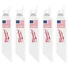 The image displays five 4" 10 TPI SAWZALL® multi-material blades positioned vertically. Each blade features the Milwaukee logo, an American flag, and the text "Made in USA with global materials" printed on them. The blades are designed for cutting through various materials and come in a pack of five.