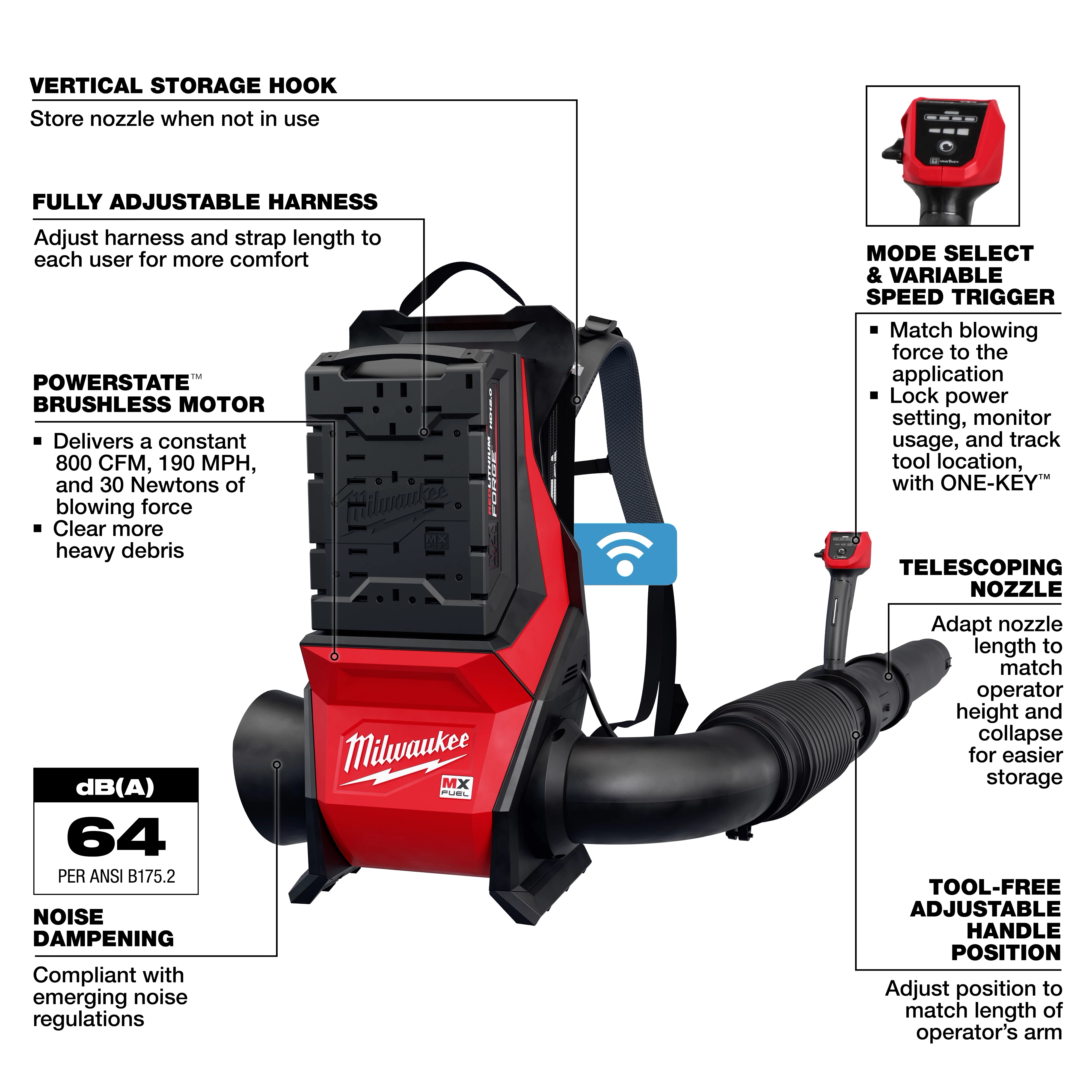 The MX FUEL™ Backpack Blower features a POWERSTATE™ brushless motor, a fully adjustable harness, a telescoping nozzle, and a tool-free adjustable handle. It delivers 800 CFM, 190 MPH airflow, and operates at 64 dB(A). The blower has a variable speed trigger, mode select, and a vertical storage hook.