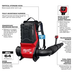 The MX FUEL™ Backpack Blower features a POWERSTATE™ brushless motor, a fully adjustable harness, a telescoping nozzle, and a tool-free adjustable handle. It delivers 800 CFM, 190 MPH airflow, and operates at 64 dB(A). The blower has a variable speed trigger, mode select, and a vertical storage hook.