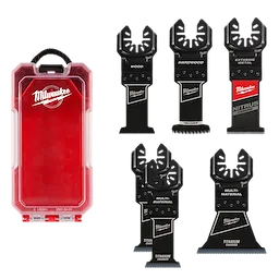 MILWAUKEE® OPEN-LOK™ Multi-Tool Blade Variety Kit 6PC includes a red and clear plastic case for storage and six black multi-tool blades labeled for wood, hardwood, extreme metal, multi-material, and titanium coated. The serrated blades feature Milwaukee branding.